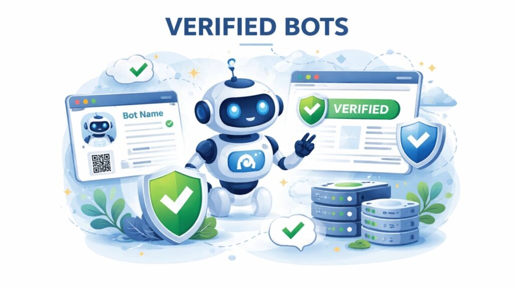 Illustratie van geverifieerde bots met een vriendelijke bot, een profielkaart van een geverifieerde bot, een browservenster met geverifieerde status, badges met vinkjes en serverstacks die vertrouwde geautomatiseerde toegang weergeven.