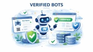 Illustratie van geverifieerde bots met een vriendelijke bot, een profielkaart van een geverifieerde bot, een browservenster met geverifieerde status, badges met vinkjes en serverstacks die vertrouwde geautomatiseerde toegang weergeven.