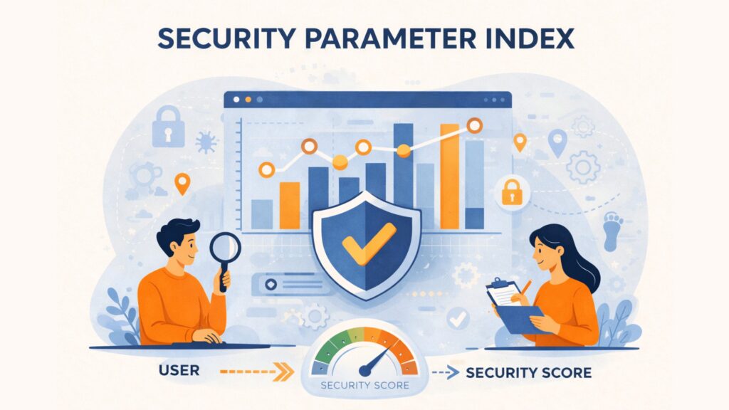 Ilustración de un Índice de Parámetros de Seguridad (SPI), que muestra un cuadro de mandos con gráficos de barras y líneas que analizan las métricas de seguridad. En el centro, un escudo con una marca de verificación simboliza la integridad del sistema, mientras un hombre con una lupa y una mujer con un portapapeles revisan los datos. Un indicador titulado 'Puntuación de seguridad' visualiza la evaluación de los parámetros de seguridad. La imagen utiliza un estilo de diseño plano con tonos azules, naranjas y beige.