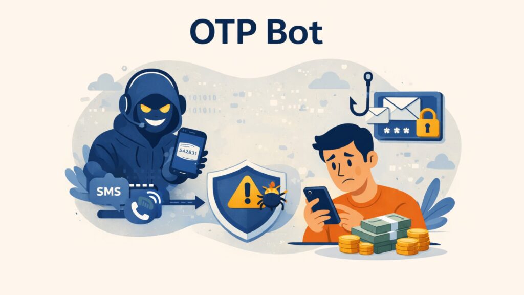 Illustration titled “OTP Bot” showing a hooded scam bot holding a phone with a one-time passcode, a warning shield in the center, and a worried person looking at a smartphone, with phishing and fraud symbols in the background.