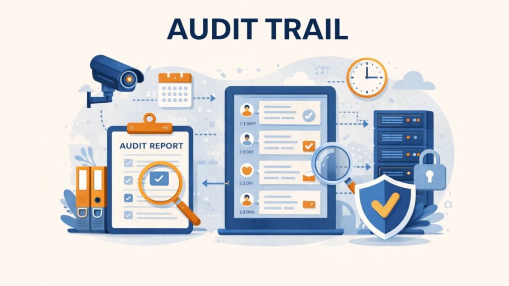 Illustration intitulée “Audit Trail” montrant un presse-papiers avec un rapport d'audit, un ordinateur portable affichant des journaux d'activité, une loupe, des piles de serveurs, un bouclier de sécurité et des icônes de suivi du temps connectées pour représenter des événements et une surveillance du système traçables.