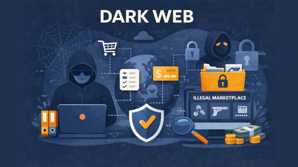 Illustration intitulée “Dark Web” représentant deux personnages encapuchonnés, l'un utilisant un ordinateur portable et l'autre à côté d'un dossier et d'un écran verrouillés, avec des symboles de commerce en ligne anonyme, de transactions cachées, de verrous de sécurité, d'un globe et d'argent liquide sur un fond bleu foncé.