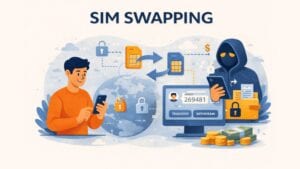 SIM swapping illustration showing a cybercriminal taking over a victim’s phone number, intercepting verification codes, and accessing online banking.
