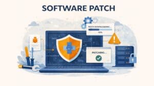 Illustration mit dem Titel “Software-Patch”, die einen Laptop mit einem Sicherheitsschild und einem Patch-Symbol, einen Fortschrittsbalken für das Herunterladen von Software-Updates, ein Patch-Statusfenster, einen Fehlerbericht, ein Warnzeichen, Werkzeuge und gesicherte Server zeigt, die Software-Patches zur Behebung von Sicherheitslücken und zur Verbesserung der Cybersicherheit darstellen.