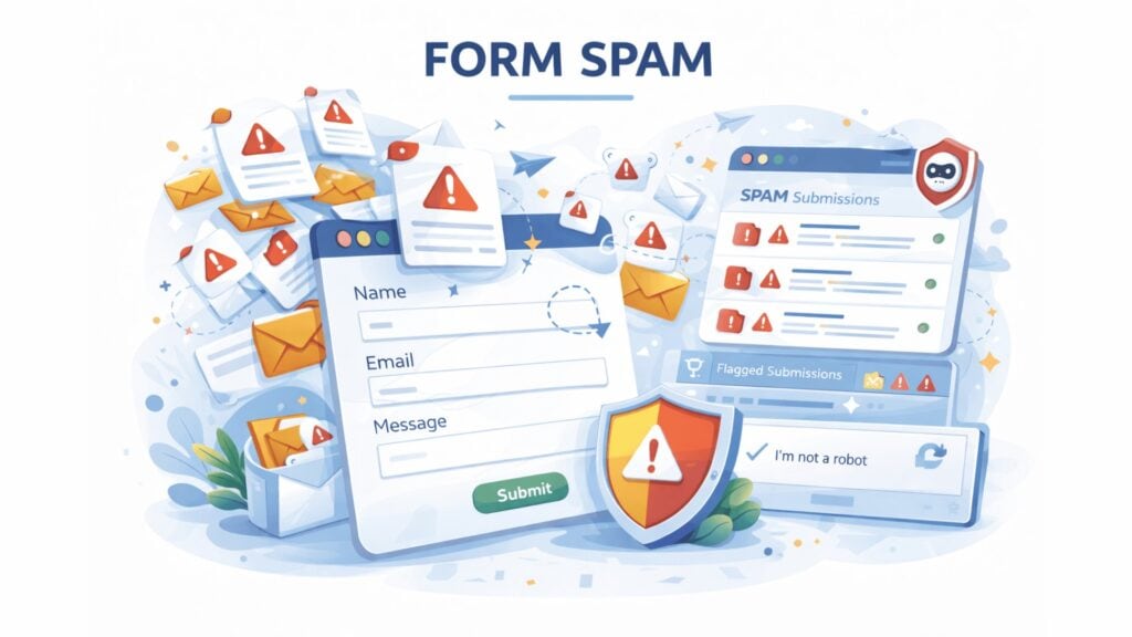 Illustration of form spam showing a web contact form flooded with spam messages and warning-marked submissions, alongside a spam review dashboard, CAPTCHA check, and protective shield representing automated form abuse and filtering.