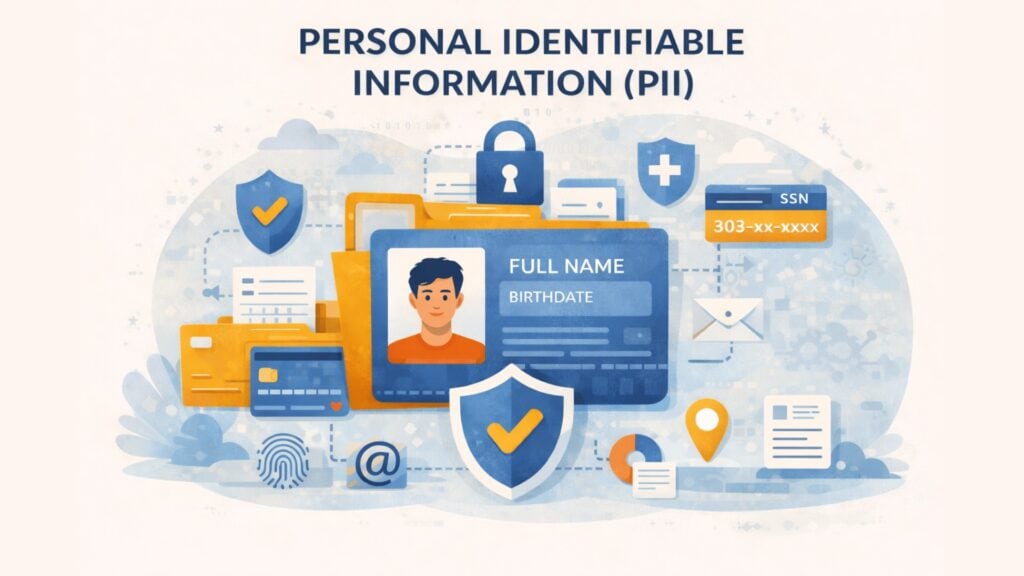 Illustratie met de titel “Persoonlijk Identificeerbare Informatie (PII)” met een ID-kaart, folder, creditcard, vingerafdruk, e-mail, locatiepin, SSN-kaart, medisch symbool en beveiligingsschilden om gevoelige persoonlijke gegevens en privacybescherming weer te geven.