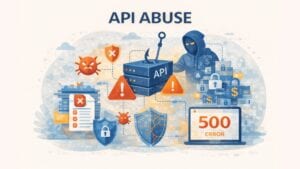 Illustratie met de titel “API Abuse” toont een gemaskerde aanvaller die misbruik maakt van een API-server, met waarschuwingstekens, beveiligingsvergrendelingen, foutmeldingen, malwarepictogrammen en kapotte beschermingsschilden die staan voor kwaadaardige API-activiteit en misbruik van het systeem.