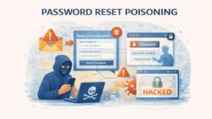 Illustratie met de titel “Password Reset Poisoning” toont een gehulde aanvaller die een wachtwoord reset proces manipuleert met phishing e-mail, valse reset formulieren, waarschuwingspictogrammen en een gehackt accountscherm om het onderscheppen van wachtwoord reset verzoeken voor te stellen.