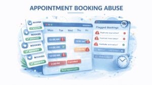Illustration of appointment booking abuse showing a calendar filled with duplicate and flagged reservations, cancelled appointments, and a booking dashboard highlighting suspicious activity and fully booked time slots.