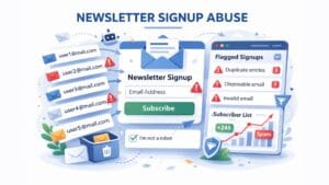 Illustratie van aanmeldingsmisbruik voor nieuwsbrieven met een aanmeldingsformulier dat meerdere e-mails ontvangt, inclusief gemarkeerde en verdachte adressen, naast een dashboard met dubbele e-mails, wegwerpmails en gefilterde aanmeldingen.