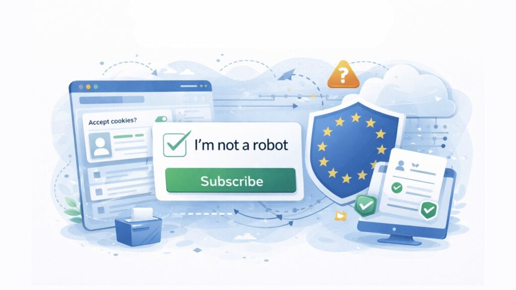 Illustration de la conformité au GDPR de reCAPTCHA montrant un navigateur avec un consentement pour les cookies, une case à cocher “Je ne suis pas un robot”, des connexions de flux de données, un bouclier de l'UE et une liste de contrôle de la confidentialité indiquant un examen réglementaire.
