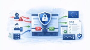 Illustration des NIS2-Bot-Schutzes, die den gefilterten Bot- und Benutzerverkehr durch ein Sicherheitsgateway zeigt, mit blockierten bösartigen Anfragen, genehmigtem Verkehr und einem EU-Compliance-Panel, das die gesetzlichen Sicherheitskontrollen darstellt.