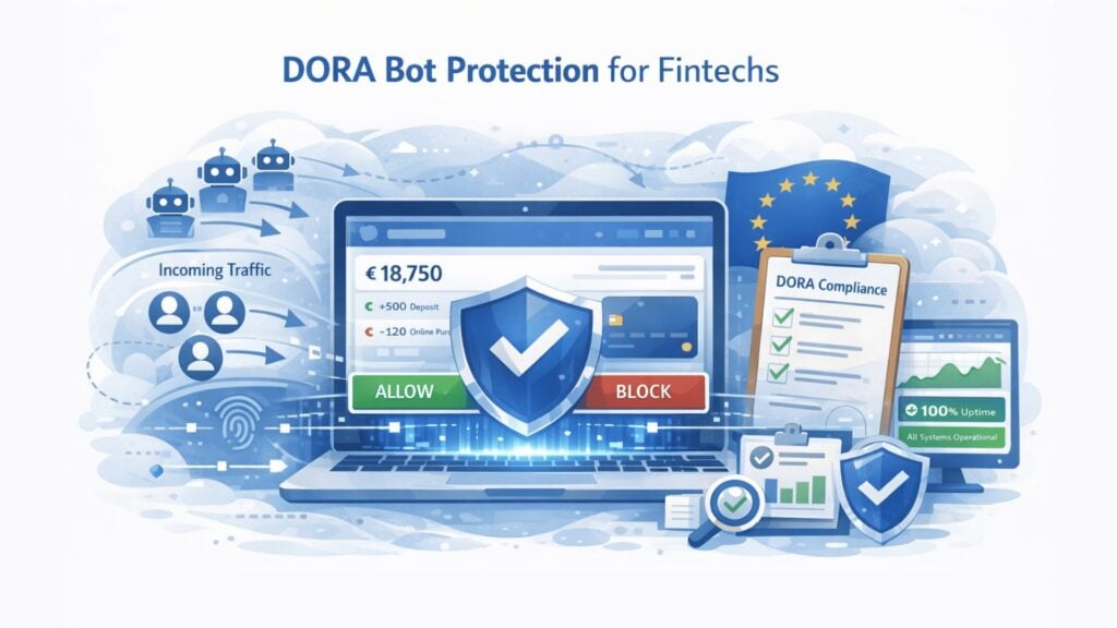 Illustrazione della protezione bot DORA per le fintech: il traffico di utenti e bot in entrata confluisce in un dashboard finanziario centrale su un laptop, dove un gateway di sicurezza prende decisioni di autorizzazione o blocco, con una lista di controllo della conformità DORA, il simbolo dell'UE e un pannello di monitoraggio del sistema che mostra il tempo di attività e la stabilità operativa sulla destra.