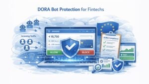 Ilustración de la protección contra bots de DORA para las empresas de tecnología financiera: el tráfico entrante de usuarios y bots fluye hacia un panel financiero central en un ordenador portátil, donde una pasarela de seguridad toma decisiones de autorización o bloqueo, con una lista de comprobación del cumplimiento de DORA, el símbolo de la UE y un panel de supervisión del sistema que muestra el tiempo de actividad y la estabilidad operativa a la derecha.
