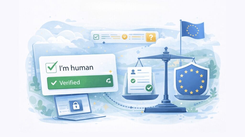 Illustrazione che mostra un controllo di verifica, uno scudo per la privacy dell'UE, una bilancia e un'interazione sicura con il browser che rappresenta il rilevamento dei bot incentrato sulla privacy.