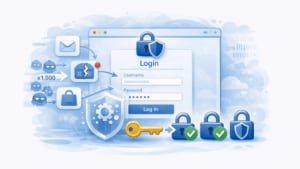 Illustrazione di un modulo di accesso a un sito web protetto contro il credential stuffing, che mostra il traffico bot automatizzato proveniente da fonti di account compromesse verso una pagina di accesso, bloccata da un livello di schermatura, con una chiave che si avvicina a diverse icone di blocco per rappresentare le credenziali riutilizzate e il successo selettivo dell'attacco.
