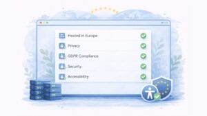 Illustrazione di un'interfaccia pulita in stile browser che evidenzia i criteri chiave per le soluzioni di verifica dei siti web europei. Un pannello centrale elenca “Ospitato in Europa”, “Privacy”, “Conformità GDPR”, “Sicurezza” e “Accessibilità”, ciascuno allineato con indicatori di stato. La scena include sottili elementi a tema UE, server, uno scudo e un'icona di accessibilità, il tutto in un design blu tenue e moderno in stile SaaS che enfatizza la protezione dei dati e la conformità.