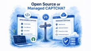 Illustration comparing open source CAPTCHA and managed CAPTCHA solutions, highlighting benefits like customization and control versus security, analytics, and professional support in a side-by-side comparison.
