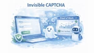 Illustration d'un système CAPTCHA invisible montrant un formulaire de site web, un fantôme symbolisant la vérification cachée, et un tableau de bord étiqueté “Preuve de travail” confirmant “Utilisateur vérifié” par des vérifications automatisées des antécédents.