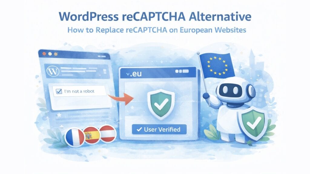 Illustration of a WordPress reCAPTCHA alternative for European websites, showing an “I’m not a robot” checkbox replaced by a .eu user verification system with a security shield and EU flag.