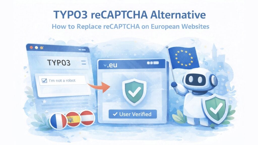 TYPO3 reCAPTCHA alternative illustration for European websites, showing an “I’m not a robot” checkbox replaced by a .eu user verification system with a security shield and EU flag.