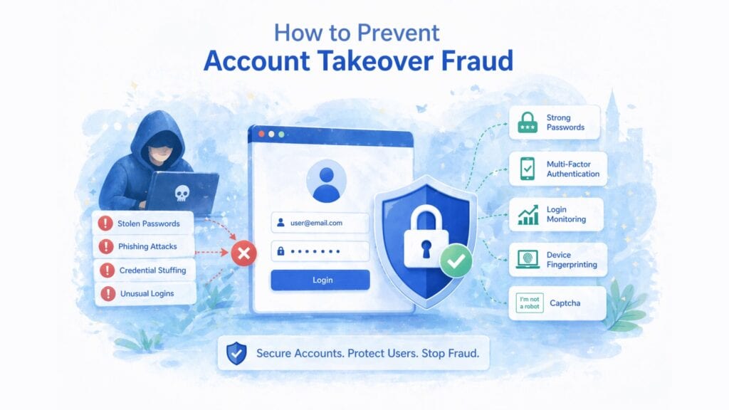 Illustration about preventing account takeover fraud, showing threats like stolen passwords, phishing attacks, and credential stuffing blocked by security measures including CAPTCHA, multi-factor authentication, login monitoring, and device fingerprinting.