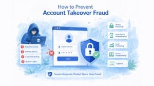 Illustration about preventing account takeover fraud, showing threats like stolen passwords, phishing attacks, and credential stuffing blocked by security measures including CAPTCHA, multi-factor authentication, login monitoring, and device fingerprinting.