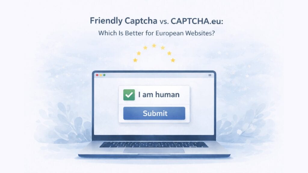 Minimal illustration of a laptop with a CAPTCHA interface showing an ‘I am human’ checkbox and submit button, surrounded by a soft blue background with subtle EU-inspired stars, representing privacy-friendly verification for European websites.