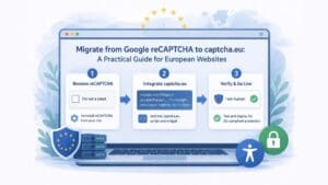 Een strakke blauw-witte illustratie van een laptop met een migratiegids in drie stappen van Google reCAPTCHA naar captcha.eu. Het scherm toont panelen voor het verwijderen van de oude CAPTCHA, het integreren van captcha.eu met een codefragment en het verifiëren van een succesvolle installatie met een “Ik ben een mens” checkbox. Subtiele EU-sterren, een vage kaart van Europa en pictogrammen voor privacy, toegankelijkheid en beveiliging versterken het Europese nalevingsthema.